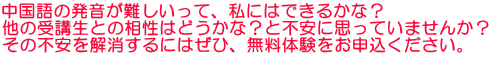 中国語の発音が難しいって、私にはできるかな？ 他の受講生との相性はどうかな？と不安に思っていませんか？ その不安を解消するにはぜひ、無料体験をお申込ください。